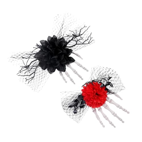 HEALLILY Halloween-Haarspangen für Damen, Netz, seitliche Blumen-Haarspangen, Skelett-Hand-Design, stabile Passform, Cosplay, Party-Zubehör, gruselige Gothic-Haarnadeln, 2 Stück von HEALLILY