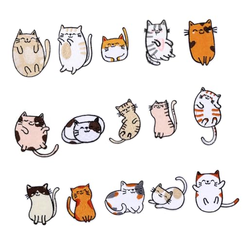 HEALSOPTHY 15 Stück Teiliges Katzen stickerei Patches Aufnäher zum Aufbügeln Weiche Stoffapplikationen für Kleidung Jeans Taschen DIY Dekoration und Reparatur Klare Muster Langlebig und von HEALSOPTHY