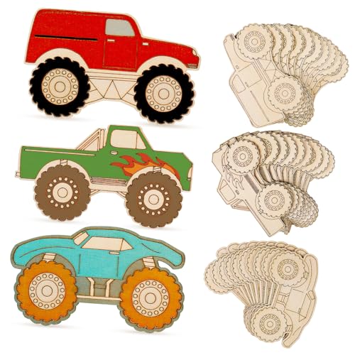 HEALSOPTHY 30 Stk. Teiliges Monstertruck Holz Dekorationsset zum Bemalen Unvollendete Holzfahrzeuge für Kinderbasteln als Auto Bastelset für Kindergeburtstag DIY Holzmotive für Kreative von HEALSOPTHY