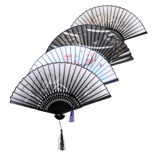 HEALSOPTHY 4 Stück Teiliges Chinesischer Faltfächer aus und Seide Handlicher Faltbarer mit Klassischem Quasten Design Tragbarer Eleganter Handfächer für Hochzeit Party Tanz und Dekoration von HEALSOPTHY