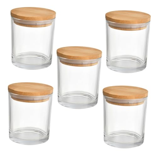 HEALSOPTHY 5 Sätze Glas Kerzengläser mit Bambusdeckel Transparente Duftkerzenbehälter Wiederverwendbare Kerzendosen für Kerzenherstellung und Aufbewahrung von Gewürzen Langlebig und von HEALSOPTHY