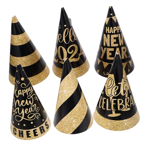 HEALSOPTHY 6 Stück Schwarze Neujahrs-partyhüte aus Papier Leichte Kegelhüte mit Festlichem Design Reißfest und Farbecht als Partydeko und Fotorequisiten für Silvester-feiern von HEALSOPTHY
