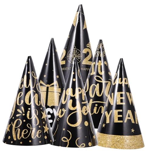 HEALSOPTHY 6 Stück Schwarze und Goldene Papier-kegelhüte Leichte Neujahrs-partyhüte Kleine Bequeme Silvester-partydekoration Geeignet als Fotorequisiten und Mitgebsel von HEALSOPTHY