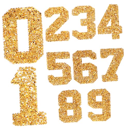 HEALSOPTHY DIY Strass Zahlen Patches Gold Glitzer Hotfix Bügelbilder für Kleidung Hüte Jeans Taschen Verarbeitung Selbstklebend zum Dekorieren und Reparieren von Textilien von HEALSOPTHY