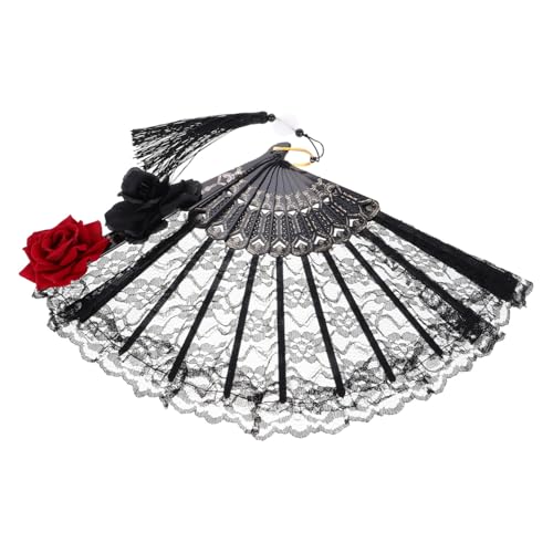 HEALSOPTHY Faltbarer Spitzen handfächer Schwarz Gothic Lolita Stil mit Rosen quaste Tragbarer Spitzenfächer Vintage Look für Halloween Party Cosplay Hochzeit Tanzaufführung von HEALSOPTHY