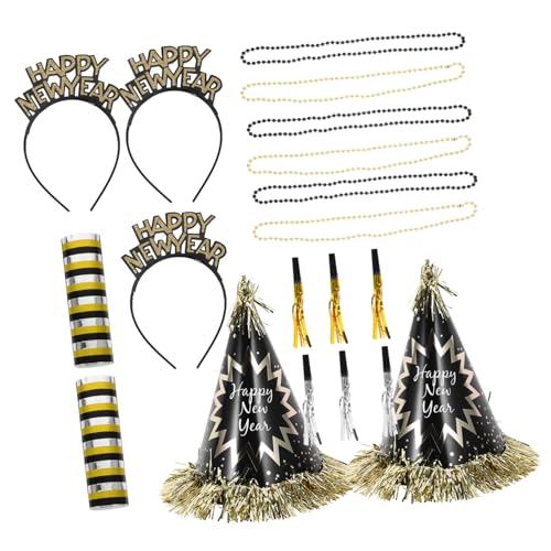 HEALSOPTHY Neujahrs-Kopfschmuck-Set mit schwarzem und goldenem Kegelhut, dekorativer Perlenkette und Fransen-Stirnband, Silvester-Deko für Jahreswechsel-Foto-Requisiten und festliche Feiern HEALSOPTHY Neujahrs-Kopfschmuck-Set mit schwarzem und goldenem Kegelhut, dekorativer Perlenkette und Fransen-Stirnband, Silvester-Deko für Jahreswechsel-Foto-Requisiten und festliche Feiern von HEALSOPTHY