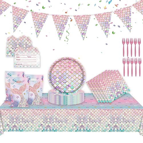 HEAWAA 71 Stück Meerjungfrau Partygeschirr Set, Kinder Geburtstag Deko Set mit Tischdecke Papier Teller Servietten Gabeln Wimpel Einladungen Taschen für Jungen Mädchen Kindergeburtstag Babyparty von HEAWAA