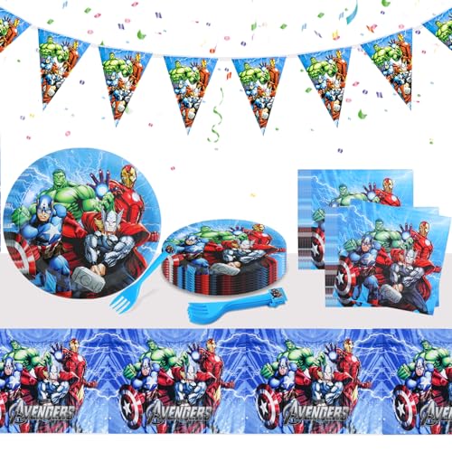 Avengers Partygeschirr-Set für Kinder, 52-teiliges Geburtstagsparty-Tischdekorationen inklusive Tischdecke, Teller, Servietten, Gabeln, Superhelden-Partyzubehör für 10 Gäste von HEAWAA