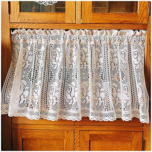 HEBEHO Scheibengardine Landhausstil Rustikales Rosenmuster Baumwoll-Leinen-Häkelvorhang Küche Kurzgardine, Bistrogardine, Beige (Size : WxH 120x35cm/47x14in) von HEBEHO
