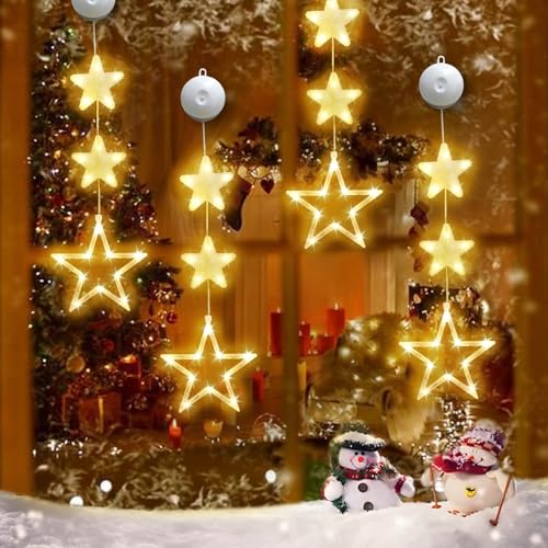 HEDMON LED Sterne Weihnachtsbeleuchtung, LED Weihnachtsstern Beleuchtung Batteriebetriebene Innen Weihnachtsstern Lichterkette mit Saugnäpfe für Fenster Weihnachten Party (4 Stück-A) von HEDMON