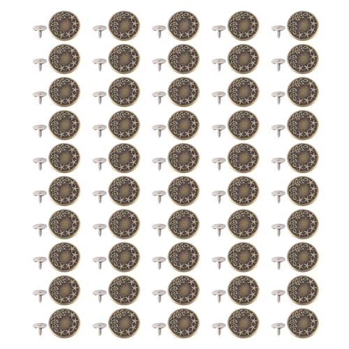 50 Sets 17mm Jeans Ersatz, Keine Näht Knöpfe Edelstahl Hosen Knöpfe Set mit Fäden Nieten für Jacke Mantel Denim Kleidung (Bronze Star Leaves) von HEEPDD