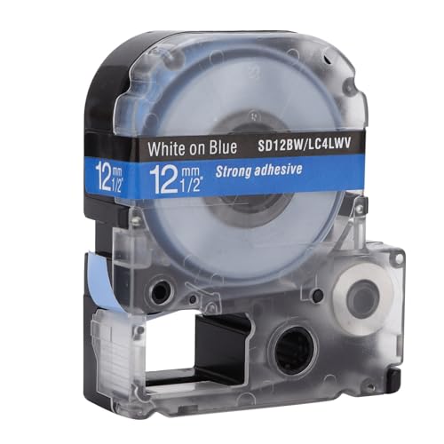 HEEPDD Etikett Maker Tape Haltbar ölfestes Wearresistant 12mm Transparentes Etikettband für Drucker Arbeiten für den Innen-/Außenbereich (12 mm blauer Hintergrund weiße Buchstaben) von HEEPDD