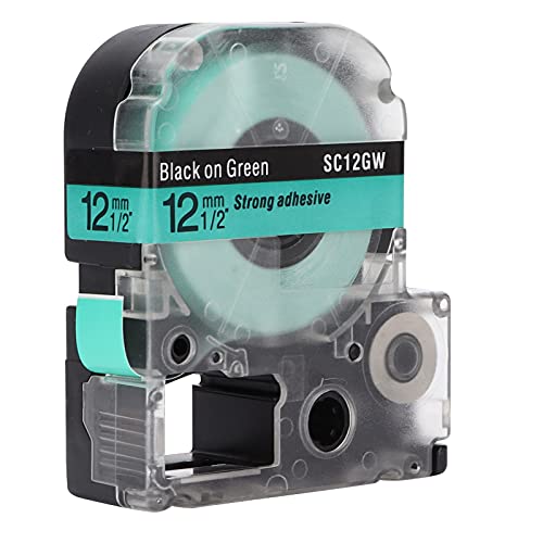 HEEPDD Etikett Maker Tape Haltbar ölfestes Wearresistant 12mm Transparentes Etikettband für Drucker Arbeiten für den Innen-/Außenbereich (12 mm grüner Hintergrund schwarzer Buchstaben) von HEEPDD