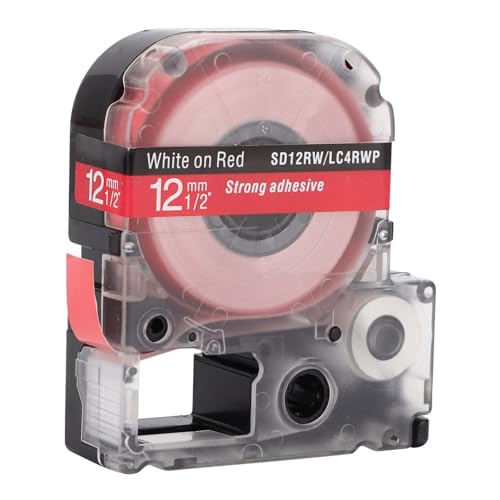HEEPDD Etikett Maker Tape Haltbar ölfestes Wearresistant 12mm Transparentes Etikettband für Drucker Arbeiten für den Innen-/Außenbereich (12 mm roter Hintergrund weiße Zeichen) von HEEPDD