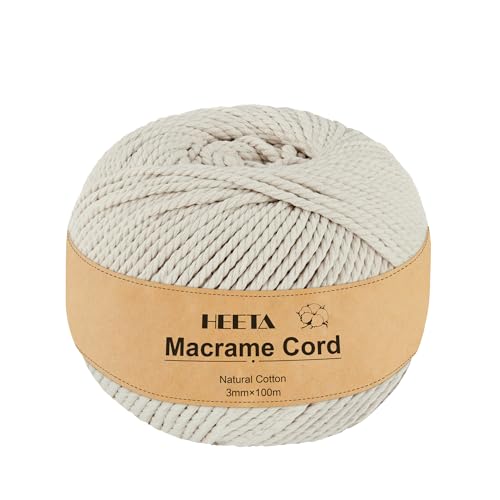 HEETA Makramee Garn 3 mm x 100 m, Weiches Rope Garn zum Basteln, Natürliche Baumwolle Robust, 4 Stränge Gedrehte Baumwollschnur für Anfänger, DIY-Heimdekoration HEETA Makramee Garn 3 mm x 100 m, Weiches Rope Garn zum Basteln, Natürliche Baumwolle Robust, 4 Stränge Gedrehte Baumwollschnur für Anfänger, DIY-Heimdekoration von HEETA