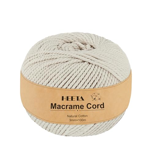 HEETA Makramee Garn 3 mm x 100 m, Weiches Rope Garn zum Basteln, 100% Natürliche Baumwolle Robust Umweltfreundlich, 4 Stränge Gedrehte Baumwollschnur für Anfänger, DIY-Heimdekoration von HEETA