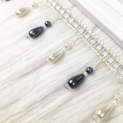 12 Meter elegantes Spitzenband aus geflochtenem Stoff mit hängenden Perlen, Quastenfransen for Heimdekoration und Nähzubehör(Black) von HEHEH