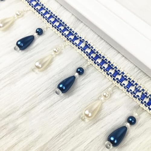 12 Meter elegantes Spitzenband aus geflochtenem Stoff mit hängenden Perlen, Quastenfransen for Heimdekoration und Nähzubehör(Dark Blue) von HEHEH
