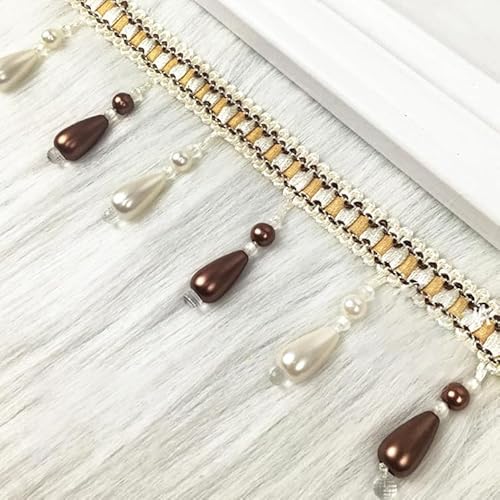 12 Meter elegantes Spitzenband aus geflochtenem Stoff mit hängenden Perlen, Quastenfransen for Heimdekoration und Nähzubehör(Dark Brown) von HEHEH