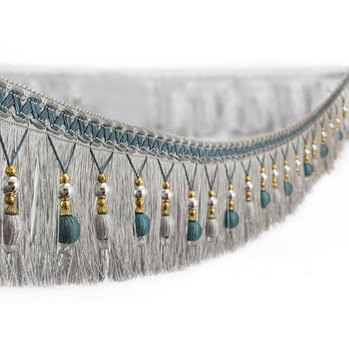 300 cm Fransenbesatz mit Perlen – elegante geflochtene Polyesterquaste for DIY-Heimdekoration(Gray) von HEHEH
