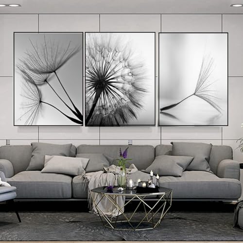 HEHGVCF 3 Pcs Leinwandbilder Bilder Pusteblume Schwarz Weiß Bilder auf Leinwand Modern Wandbilder Schwarz Kunstdruck Deko für Wohnzimmer Ohne Rahmen (Pusteblume,50 x70cm) von HEHGVCF