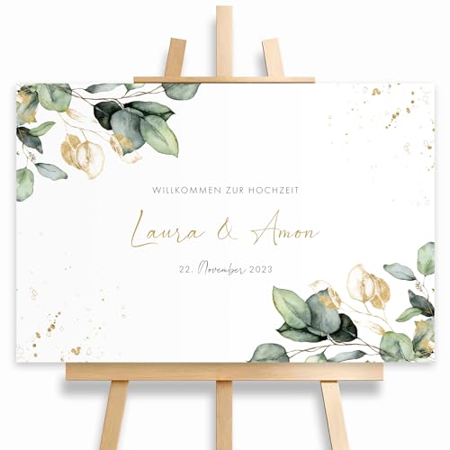 HEI Print Willkommensschild Hochzeit Eukalyptus mit Datum und Namen, personalisierte Hochzeitsdeko, Aufsteller Willkommen Schild, Grün, Leinwand, 60x40 von HEI Print