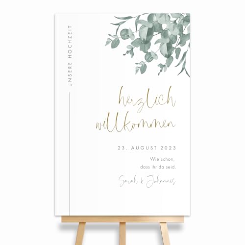 HEI Print Willkommensschild Hochzeit Eukalyptus mit Datum und Namen, personalisierte Hochzeitsdekoration, Willkommen Schild, Grün, 60x40 (Hochformat) von HEI Print