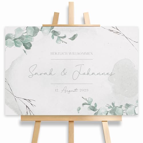 HEI Print Willkommensschild Hochzeit Eukalyptus mit Datum und Namen, personalisierte Hochzeitsdekoration, Aquarell Willkommen Schild, Grün, 60x40 (Hartschaumplatte) von HEI Print