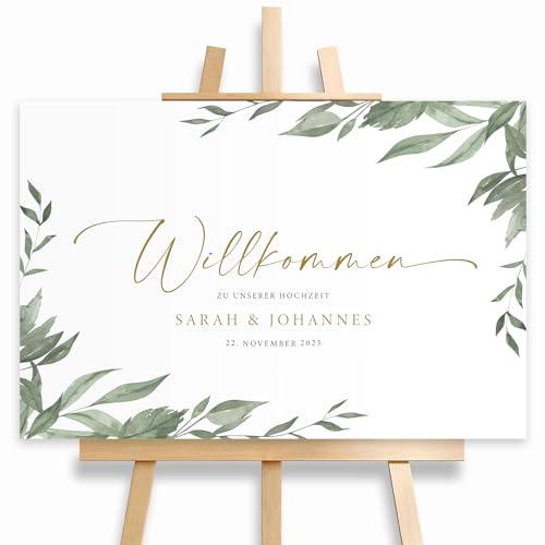 HEI Print Willkommensschild Hochzeit Greenery personalisiert mit Datum und Namen, Hochzeitsdeko, Aufsteller Willkommen Schild, Grün, Leinwand, 60x40 von HEI Print