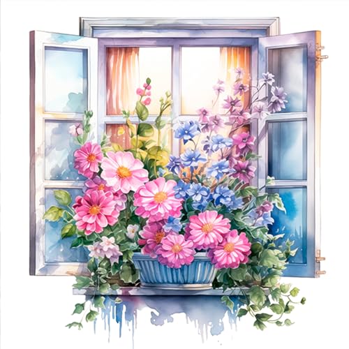 HEIBAGO 5D Diamond Painting Fenster, Blume Full Drill Diamant Painting Set Für Erwachsene, DIY Cross Embroidery Diamant Kunst Diamond Art Bilder Für Home Dekor 30 * 30cm von HEIBAGO