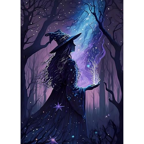 HEIBAGO 5D Diamond Painting Halloween Hexe, Full Drill Diamant Painting Sets Für Erwachsene Anfänger, DIY Cross Embroidery Diamant Kunst Halloween Diamond Art Bilder Für Home Wand Dekor 30 * 40cm von HEIBAGO