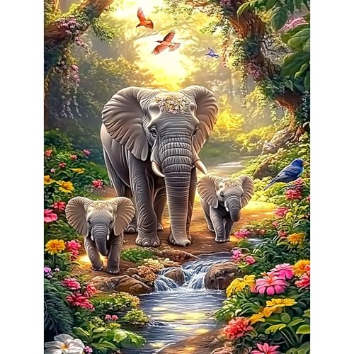 HEIBAGO 5D Elefant Diamond Painting Für Erwachsene, Landschaft Rhinestone Embroidery Diamant Painting Set, DIY Full Drill Diamant Malerei Kits Blumen Diamond Art Bilder Home Dekor 30 * 40cm von HEIBAGO