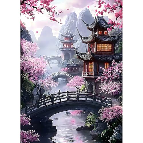 HEIBAGO 5D Landschaft Diamond Painting Für Erwachsene, Chinesische Turm Rhinestone Embroidery Diamant Painting Set, DIY Full Drill Diamant Malerei Kits Blume Diamond Art Bilder Für Home Dekor 30*40cm von HEIBAGO