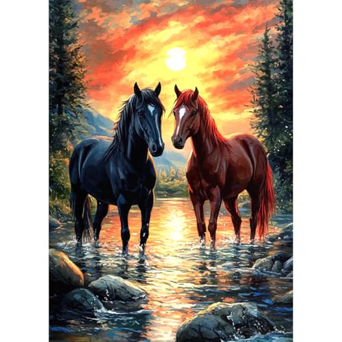HEIBAGO 5D Pferd Diamond Painting, Fluss Full Drill Diamant Painting Sets Für Erwachsene Anfänger, DIY Cross Embroidery Diamant Kunst Tier Diamond Art Bilder Für Home Wand Dekor 30 * 40cm von HEIBAGO