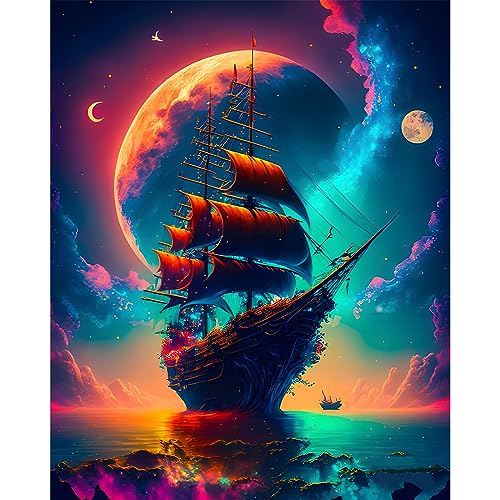 HEIBAGO Bunte Schiff Diamond Painting Set, 5D Mond See Diamant Painting Bilder für Erwachsene Anfänger, Full Drill Diamond Art Landschaft Diamant Malerei Bilder für Wanddekor 30x40cm von HEIBAGO