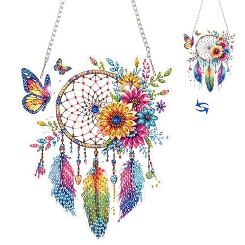 HEIBAGO Diamond Painting Fensterbilder Für Erwachsene, 5D Traumfänger Besonders Geformt Diamond Painting Anhänger mit Kette, DIY Cross Kristall Schmetterling Hängend Diamond Art Bilder für Wanddekor von HEIBAGO