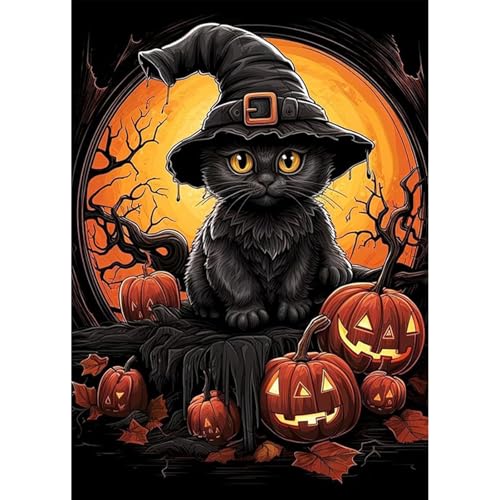HEIBAGO Halloween Katzen Diamond Painting Für Anfänger, 5D Kürbisse Full Drill Diamant Painting Erwachsene, DIY Cross Embroidery Diamant Kunst Sets Tiere Diamond Art Bilder Für Wanddekor 30 * 40cm von HEIBAGO