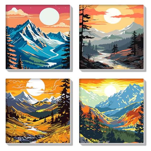 HEIBAGO Set of 4 Malen nach Zahlen für Erwachsene Mit Rahmen, DIY Berge Malen nach Zahlen Kits für Anfänger, Landschaft Ölmalerei Kunst Handwerk Bilder für Wanddekoration, 8×8 inch von HEIBAGO