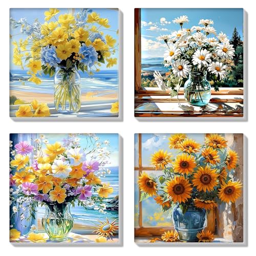 HEIBAGO Set of 4 Malen nach Zahlen für Erwachsene Mit Rahmen, DIY Blumen Malen nach Zahlen Kits für Anfänger,Landschaft Ölmalerei Kunst Handwerk Bilder für Wanddekoration,20×20cm von HEIBAGO
