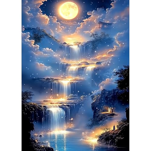 HEIBAGO Wolken Diamond Painting Für Anfänger, 5D Wasserfall Full Drill Diamant Painting Erwachsene, DIY Cross Embroidery Diamant Kunst Sets Mond Diamond Art Bilder Für Wanddekor 30 * 40cm von HEIBAGO