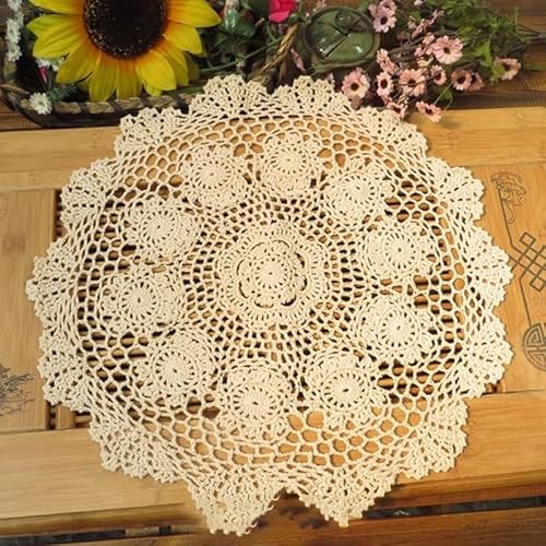 Handgefertigtes Tischset mit Häkelblumen, Retro, hohl, rund, beige, Baumwolldeckchen, perfekt für Esstisch von HEIBTENY