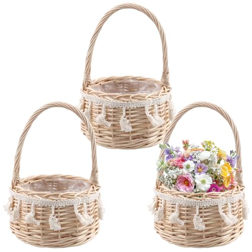 HEIYUET 3 Stück Blumenkorb Hochzeit, Weidenkorb Klein Körbchen mit Henkel, Blumenstreukörbchen, kleine Blumenmädchen Korb mit Henkel für Hochzeit Party Dekoration von HEIYUET