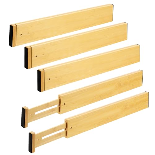 HEIYUET 5er Set Schubladentrenner Verstellbar Holz, Schubladenteiler Bambus Küche Schubladen Ordnungssystem, 43-56cm ausziehbare Schubladen Organizer für Küche Badezimmer Büro Schlafzimmer Kommode von HEIYUET