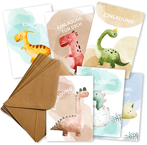 HEJ.CREATION 12 Einladungskarten Dino zum Kindergeburtstag für Jungen und Mädchen | Einladungen zum Geburtstag (12 Einladungskarten + Umschläge) von HEJ.CREATION
