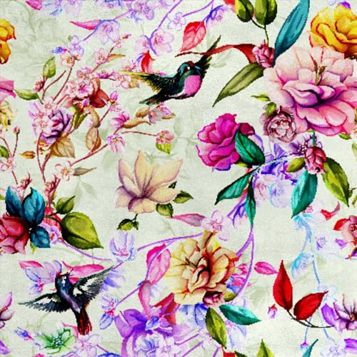 HEKO PANELS Samt Stoff Meterware Dekostoff Bedruckt Möbelstoff Polsterstoff Samtstoff Velvet Polyester Stoffe Zum Nähen Wasserabweisend Royal Magnolienblüten Vögel 140 x 200 cm RDX221 von HEKO PANELS