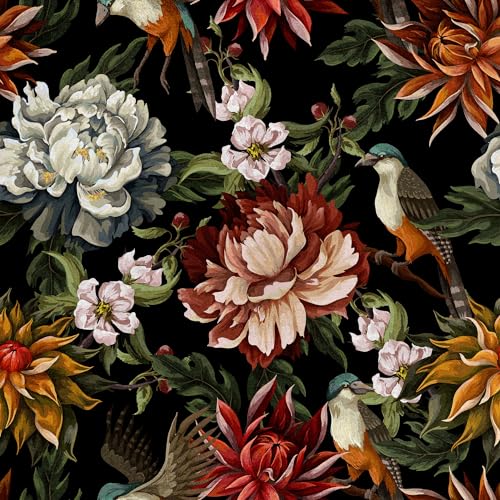 HEKO PANELS Samt Stoff Meterware Dekostoff Bedruckt Möbelstoff Polsterstoff Samtstoff Velvet Polyester Stoffe Zum Nähen Wasserabweisend Royal Pfingstrosen Vögel 140 x 200 cm RDX649 von HEKO PANELS