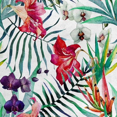 HEKO PANELS Samt Stoff Meterware Dekostoff Bedruckt Möbelstoff Polsterstoff Samtstoff Velvet Polyester Stoffe Zum Nähen Wasserabweisend Royal Tropische Blumen 140 x 200 cm RDX102 von HEKO PANELS
