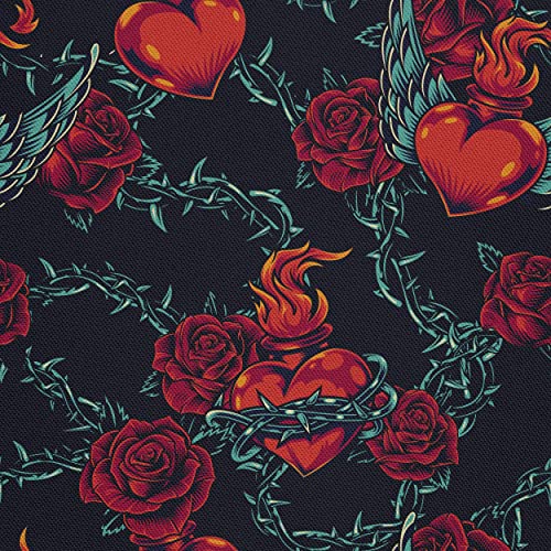 HEKO PANELS Oxford Wasserdichte Meterware Canvas Polyester Stoff Zum Nähen, Dekostoffe Wasserabweisend Blickdicht, Herzen Rosen Stacheldraht 2 Meter 155 x 200 cm von HEKO PANELS