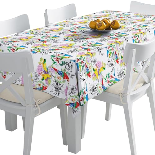 HEKO PANELS Tischdecke Wasserabweisend Abwaschbar 140 x 110 cm Tischtuch Outdoor Gartentischdecke Fleckschutz Tafeldecke Blumen Papageien von HEKO PANELS