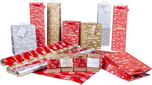 HEKU Geschenkeverpackungsset, 16-tlg., Merry X-Mas, bestehend aus 4 Rollen Geschenkpapier, 4 Flaschentaschen, 4 Geschenktaschen und 4 Geschenkbändern von Heku